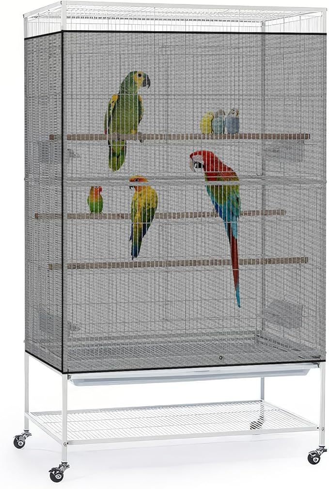 Bissap Bird Cage Seed Catcher, 90-118‘’ Universal Birdcage Net Nylon 31.8'' H Adjustable Elastic Band Stretchy Skirts Mesh Cover for Parrot Cage Seed Guard (Not Include Birdcage)- White