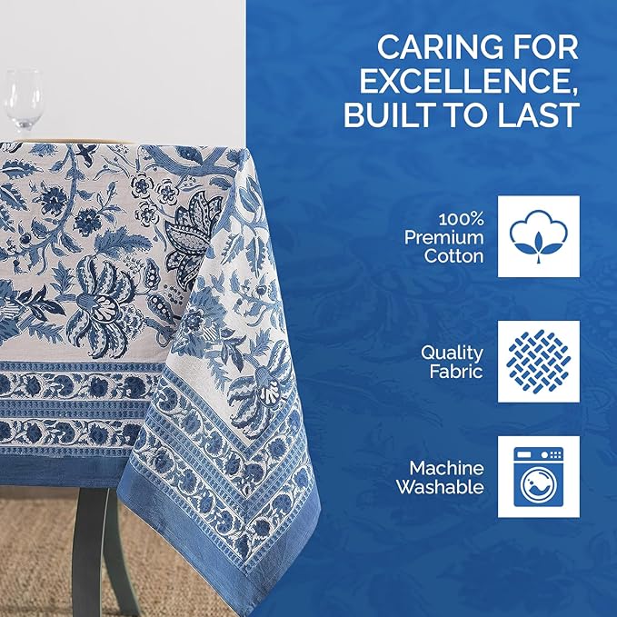 Labhanshi Indian Block Print Table Cloth|Jaipur Rectangle Floral Cotton Table Cover 60x90 Inch 6-Seater Spring Easter Kitchen Dining Tablecloth|Patio Table Cover for Event Wedding Banquet Parties|Blue