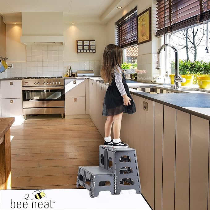 Bee Neat Folding 2 Step Stool for Adults, Kids, Toddlers - Collapsible & Foldable Step Ladder for Kitchen, Bathroom or Bedroom - Non-Slip & Wide Stepping Stool Supports 200lbs - Gray