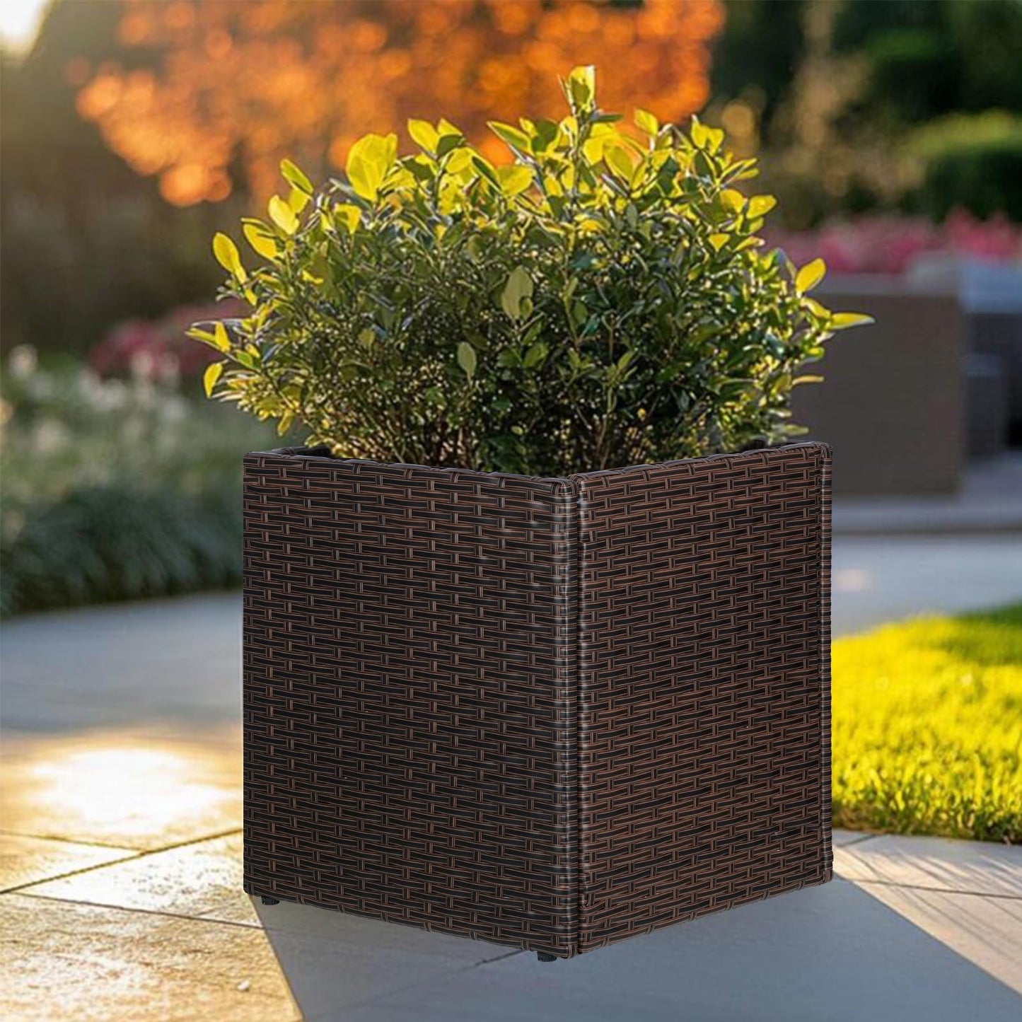 SUNNYPARK Gray Square Planter Box All-Weather PE Rattan Large Modern Planters with Removable Liner Indoor Outdoor Decorative Flower Pot for Patio, Balcony, Garden