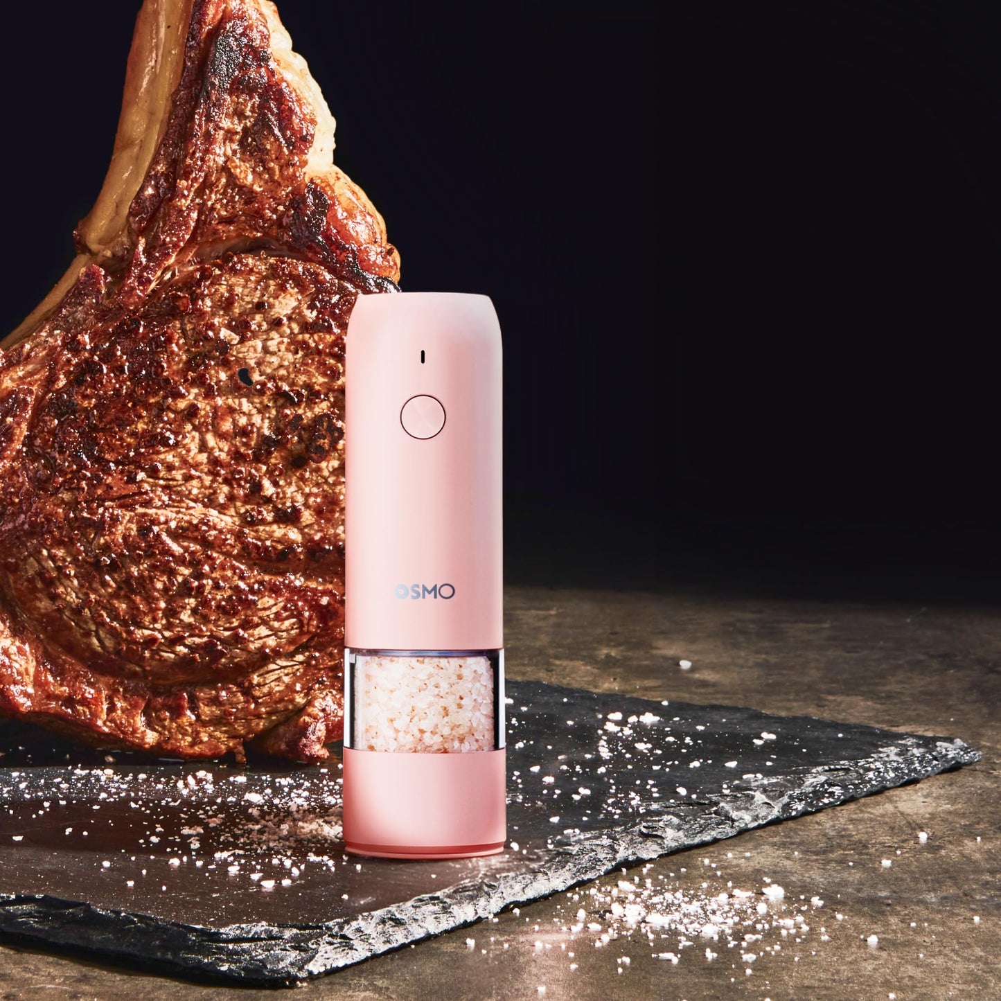 Osmo Rechargeable Electric Pepper Grinder - Adjustable Coarseness, LED Light, Ceramic Core, Battery Operated Mill, One Button Operation for Gourmet Cooking - Pink