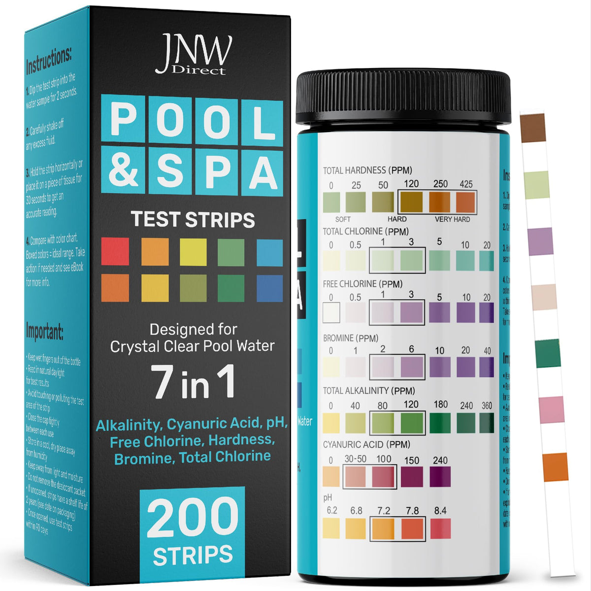 JNW Direct Pool Test Strips for Pools and Spas - 8 in 1 Water Test 150 Pack