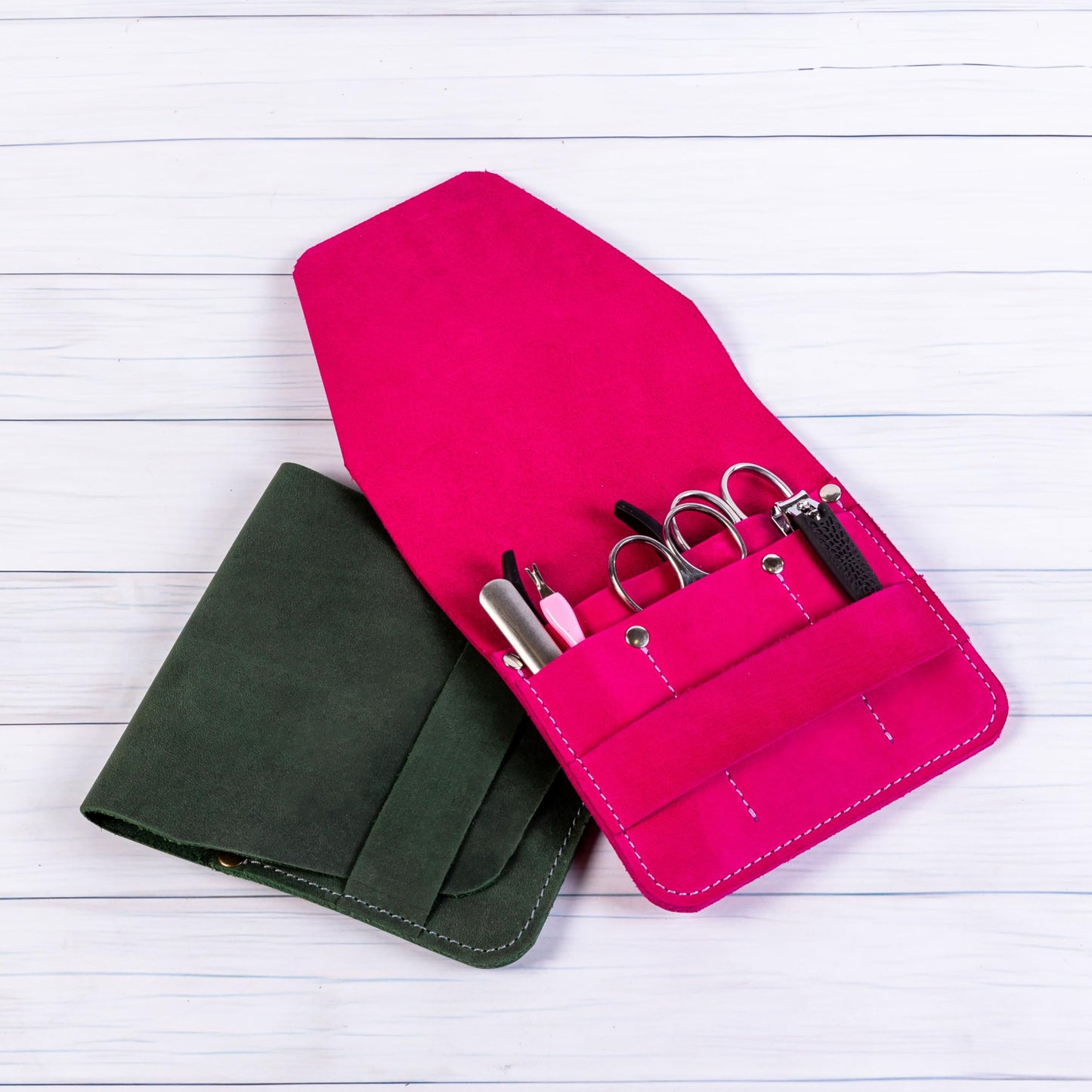 Leather Manicure Set Case Grooming Kit Organizer (Dark Brown)