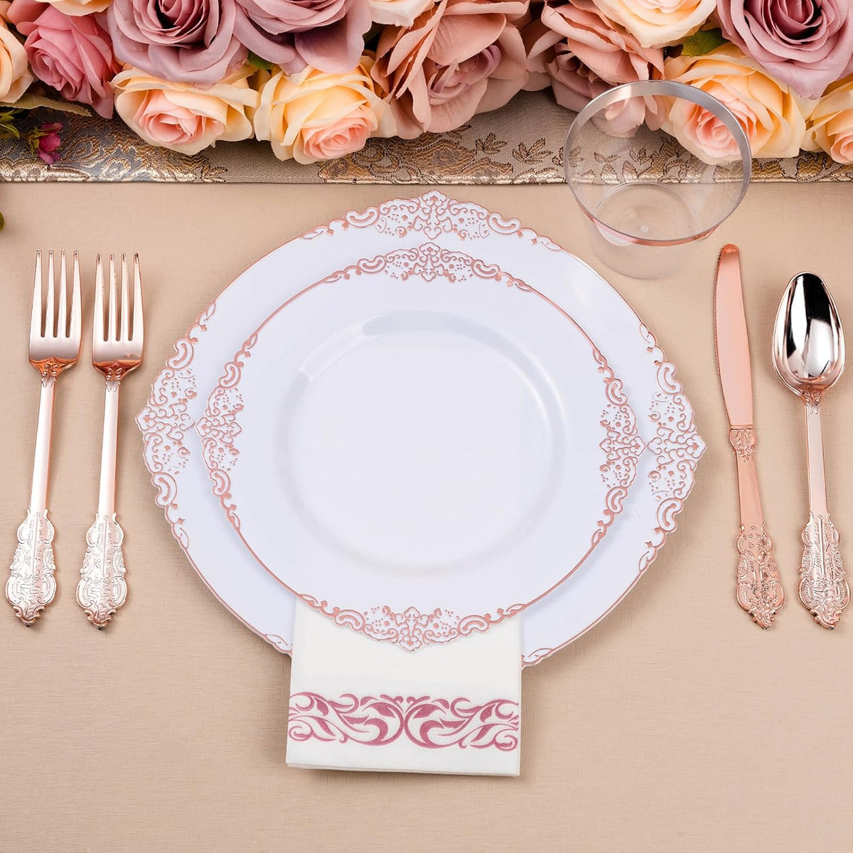 350PCS Rose Gold Plastic Plates for 50 Guests, Disposable Dinnerware Set Includes 100 Disposable Plates, 150 Rose Silverware, 50 Cups, 50 Napkins for Party, Wedding