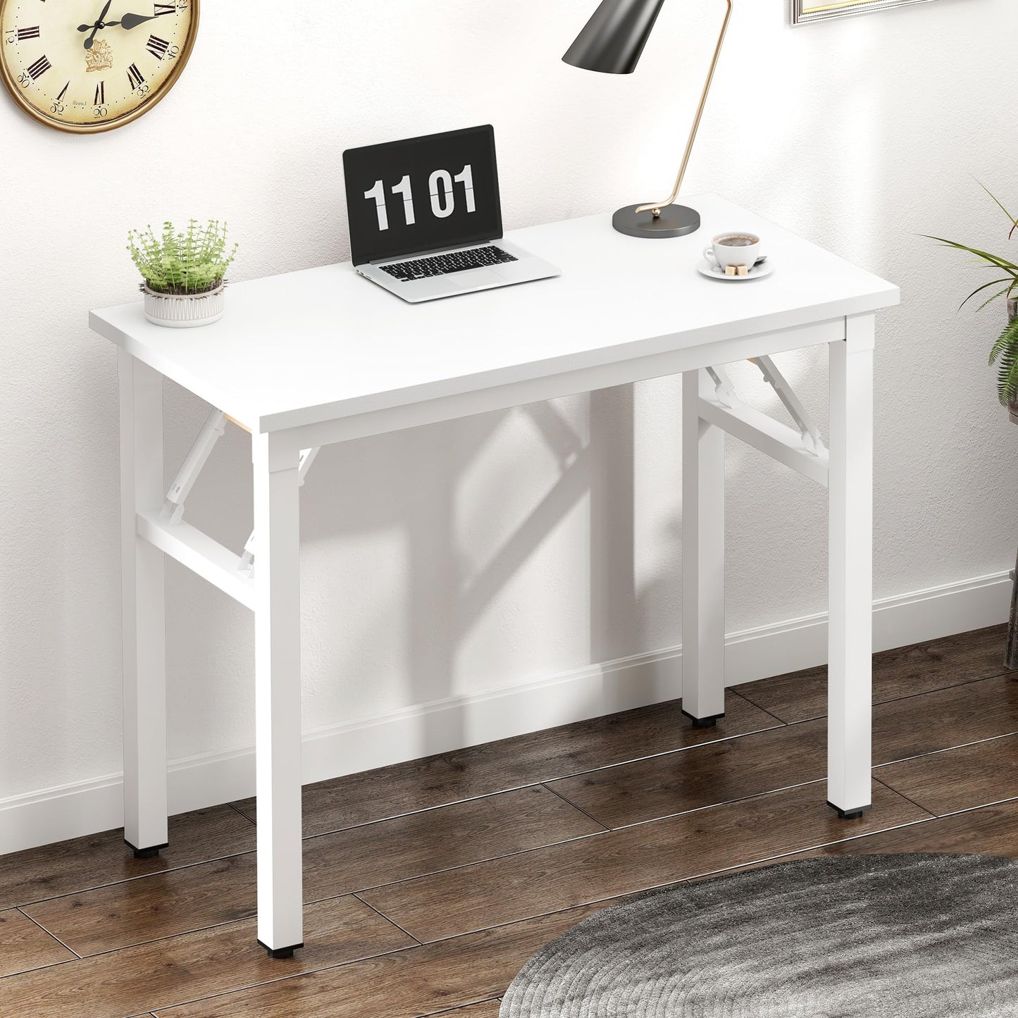 Need 31.5 Inch Folding Computer Desk for Small Spaces, White Study Foldable Writing Table for Home Office, Bedroom, Dorm Room & Student, No Assembly