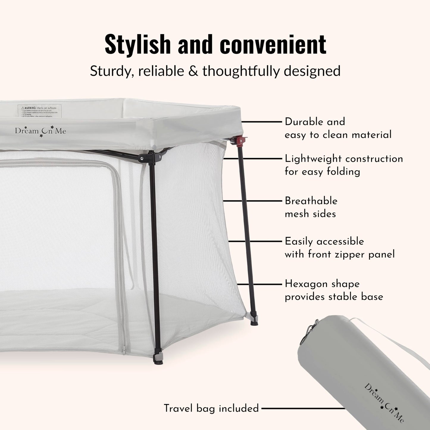 Dream On Me Onyx Baby Playpen, Zipper Access Door, Breathable Mesh Sides, Soft Comfortable Mattress Padded Floor, Easy Fold Design with Travel Carry Bag, Compact Easy to Fold Design - Grey