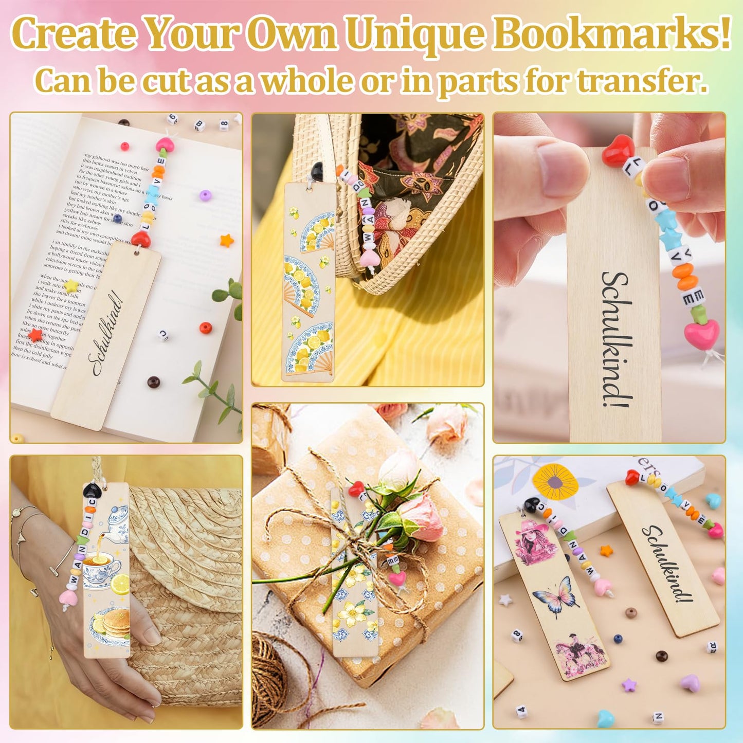 WANDIC 24Pcs Wooden Personalised Bookmark with A-Z Letter & 4 Styles Colorful & 0-9 Digital Square Beads Wooden Blank DIY Bookmark with Hole DIY Craft
