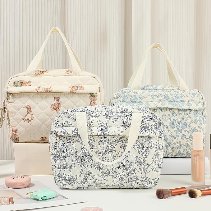 Large Size Quilted Coquette Makeup Bag, Cute Preppy Floral Cotton Travel Cosmetic Organizer Bag with Top Handle, Multi-Layer Travel Toiletry Pouch for Girls (04Bear)