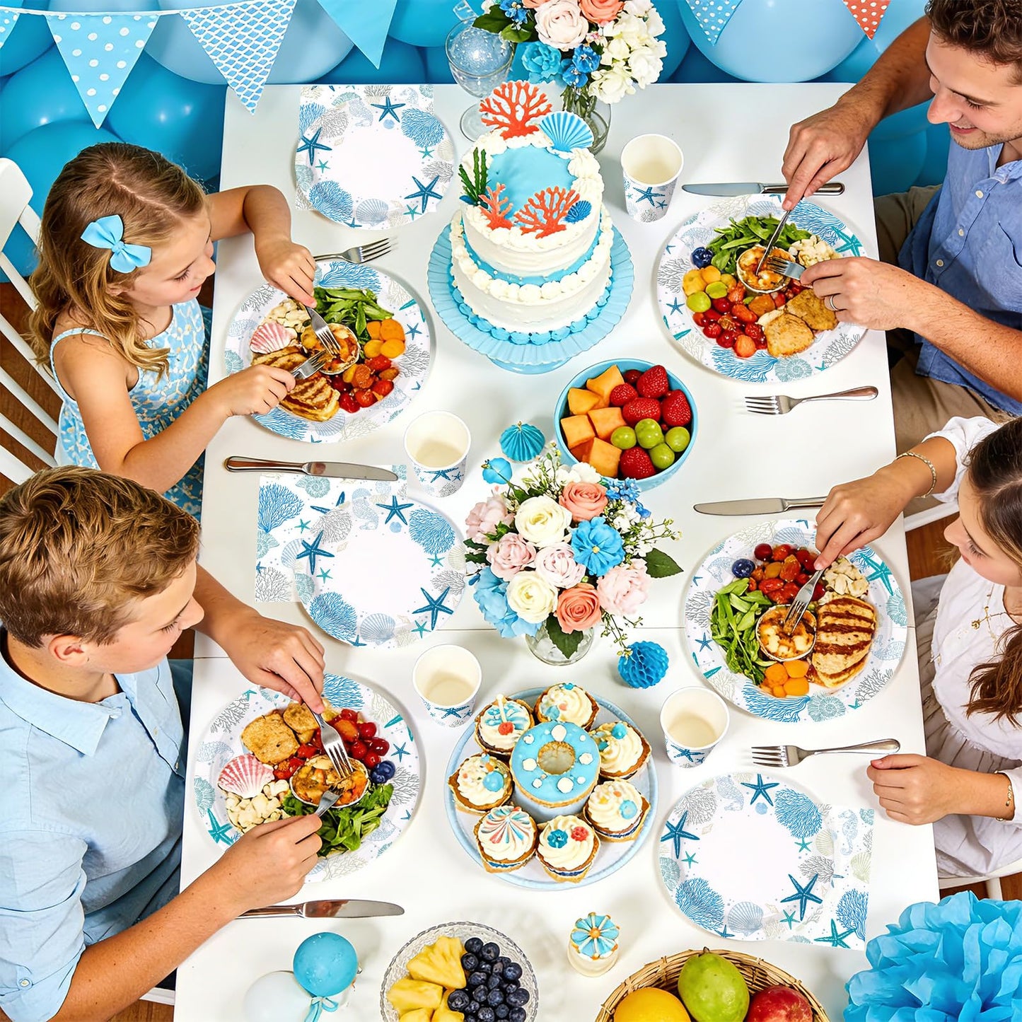 Greencian 250Pcs Ocean Coastal Party Decorations Blue Seashell Starfish Coral Plates Napkins Cups Beach Ocean Sea Tableware Set for Summer Beach Holiday Birthday Dinner Party Supplies Serves 50