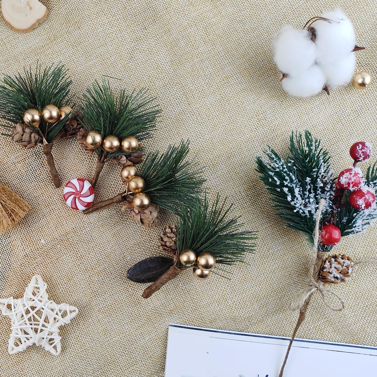 TIHOOD 25PCS Artificial Pine Picks, Pine Needles Branches with Gold Berry Stems, Small Fake Berries Pinecones Branches for Crafts Christmas Tree DIY Garland Holiday Wreath(Gold)