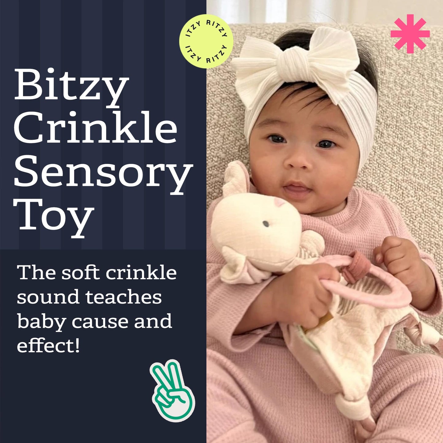 Itzy Ritzy - Bitzy Crinkle Sensory Toy Bunny with Crinkle Sound for Babies & Toddlers - Features Soft Braided Teething Ring & Textured Ribbons, Designed for Ages 0 Months and Up, Bunny