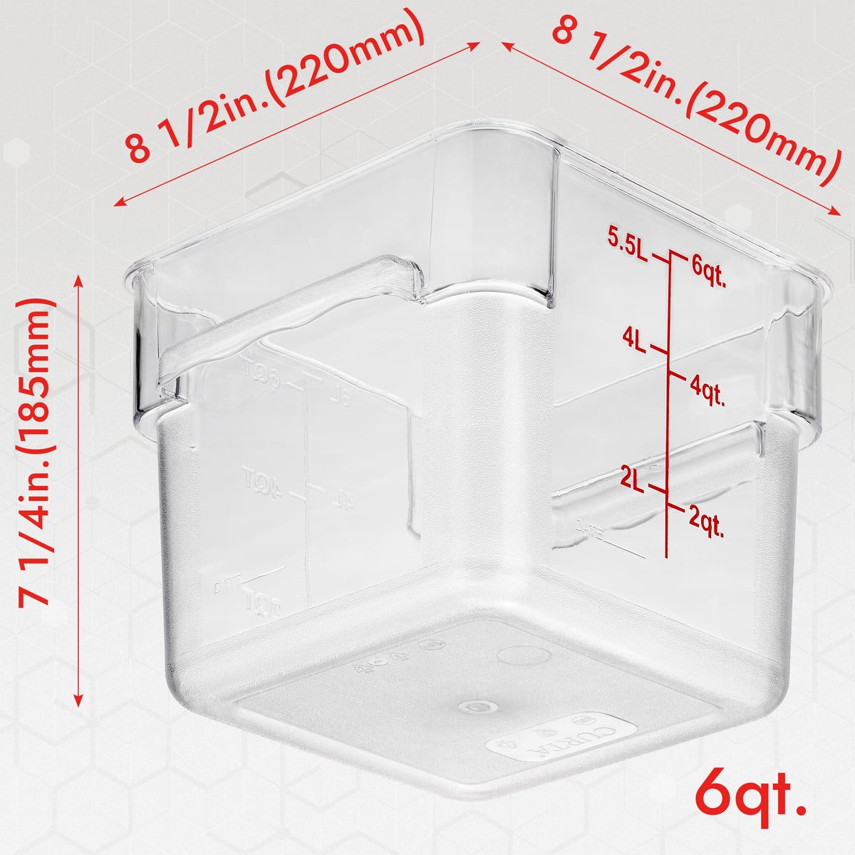 8 Pack 6 Qt NSF Clear Polycarbonate Food Storage Containers with Red Lids (8 Count)