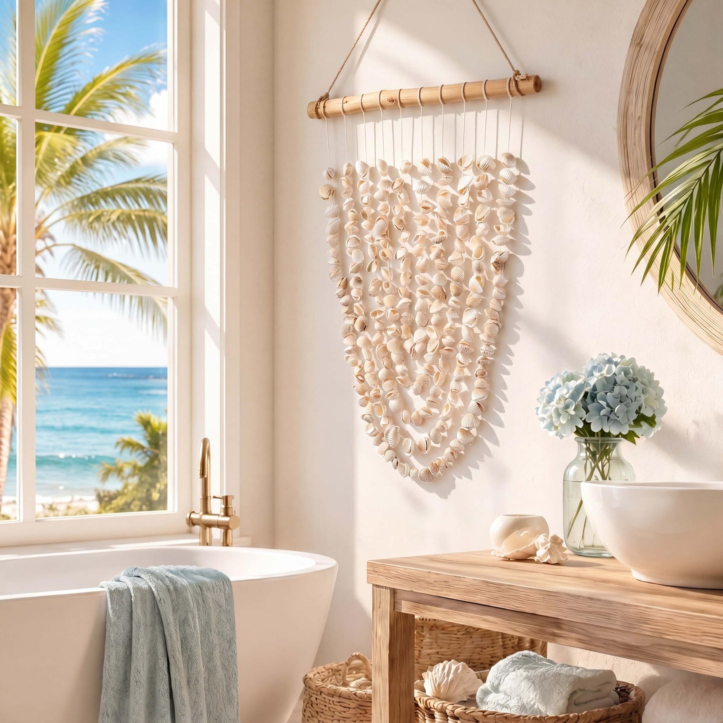Novabright Seashell Wall Hanging Decor Coastal Beach Shells Wind Chimes 20.4 Inch Handmade White Sea Shells with Driftwood Farmhouse Rustic Ocean Wall Art for Summer Bedroom Bathroom Living Room