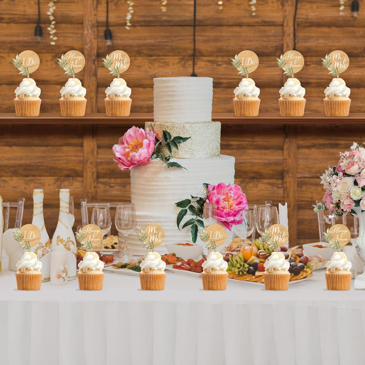 36 PCS Wedding Cupcake Toppers Green Mr & Mrs Wedding Cake Cupcake Decorations in Wood