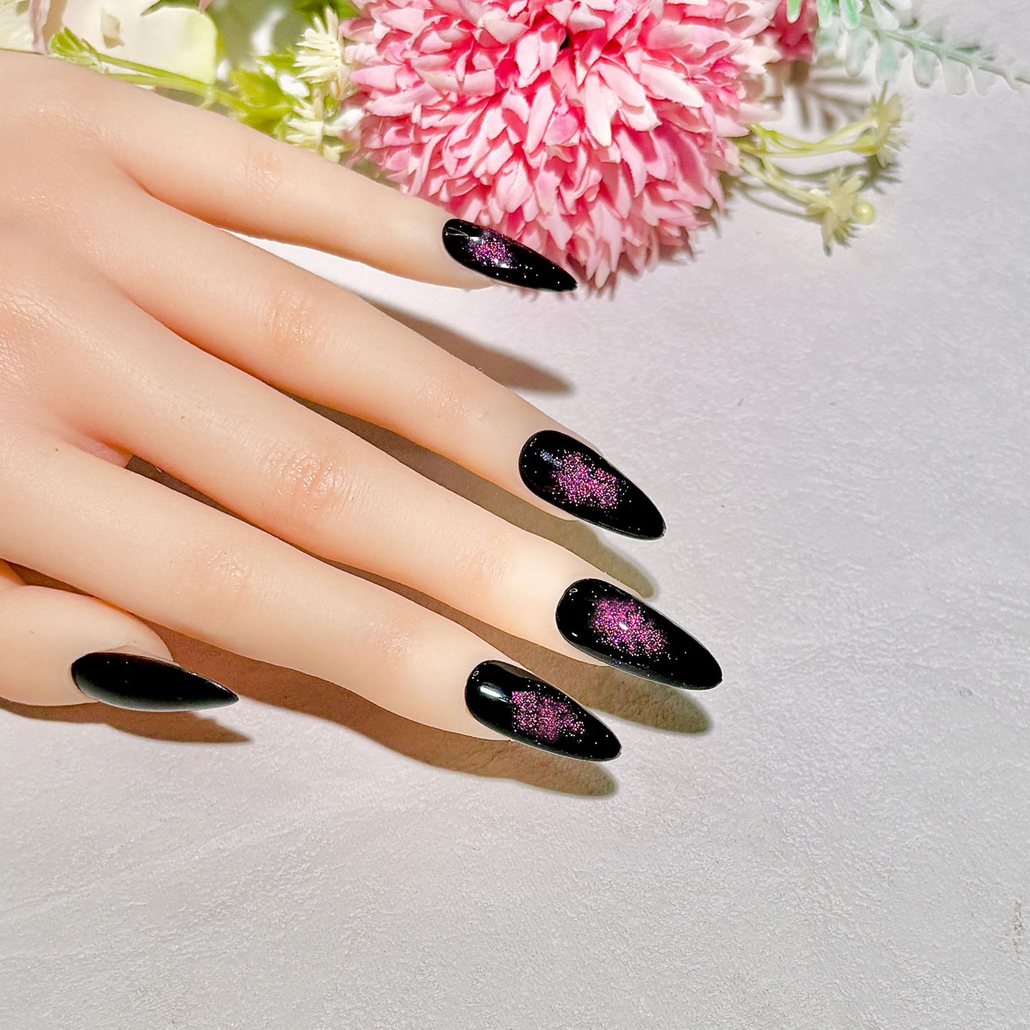 Handmade Holographic Cat Eye Press on Nails Medium Almond-Dark Fake Nails Press Ons Chrome Black, Reusable cat eye press on nails (M, 02)