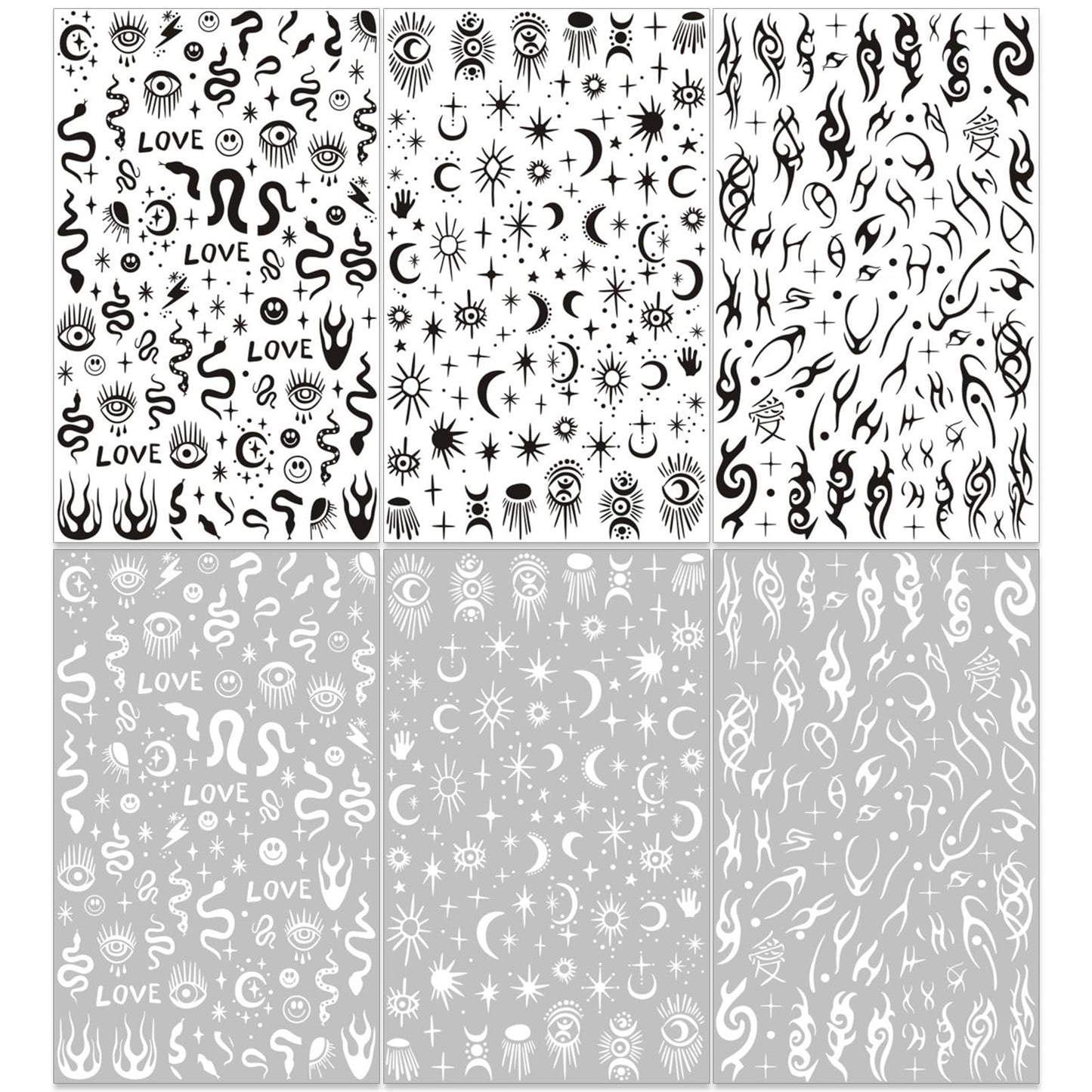 IDDFEVE Gothic Nail Art Stickers - Black & White Moon Star Snake Fire Self-Adhesive 3D Nail Decals for DIY Halloween Punk Manicure (6 Sheets)