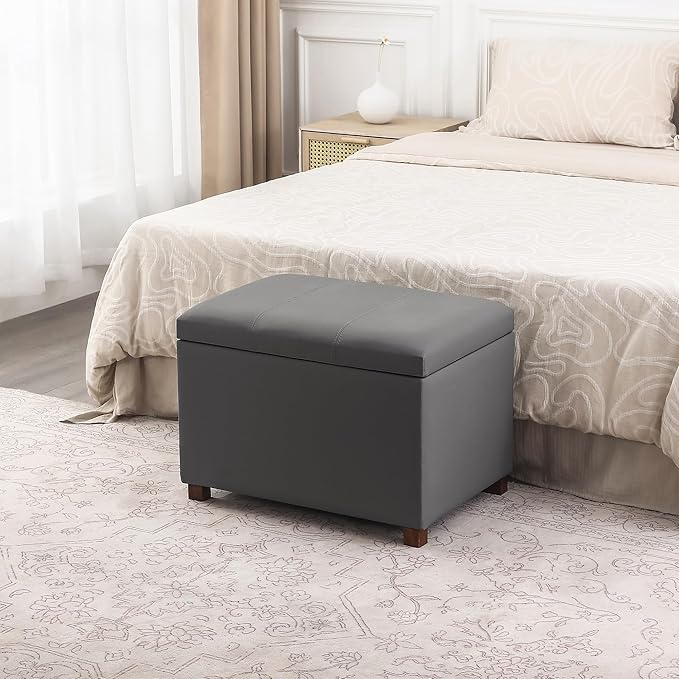 Asense 24'' Small Square Ottoman with Lift Off Lid, Storage Cube Leather Ottoman for Foot Rest, Footstool for Dorm, Living Room, Bedroom,Slate Gray
