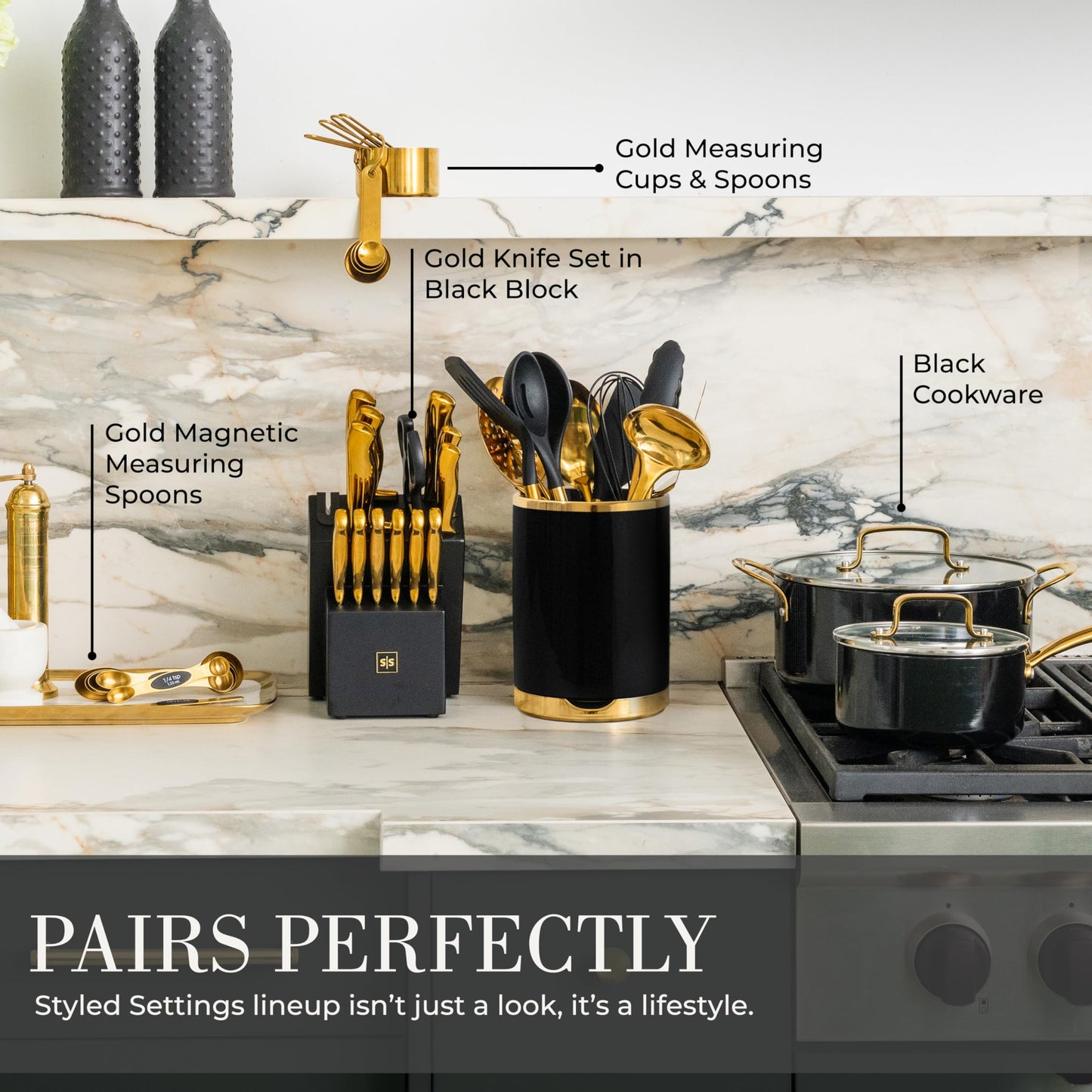 STYLED SETTINGS Black and Gold Cooking Utensils Set - 13-Piece Kitchen Set with Black Ceramic Utensil Holder and Stackable Gold Spoon Rest - Luxury Kitchen Accessories for Stylish Cooking and Serving