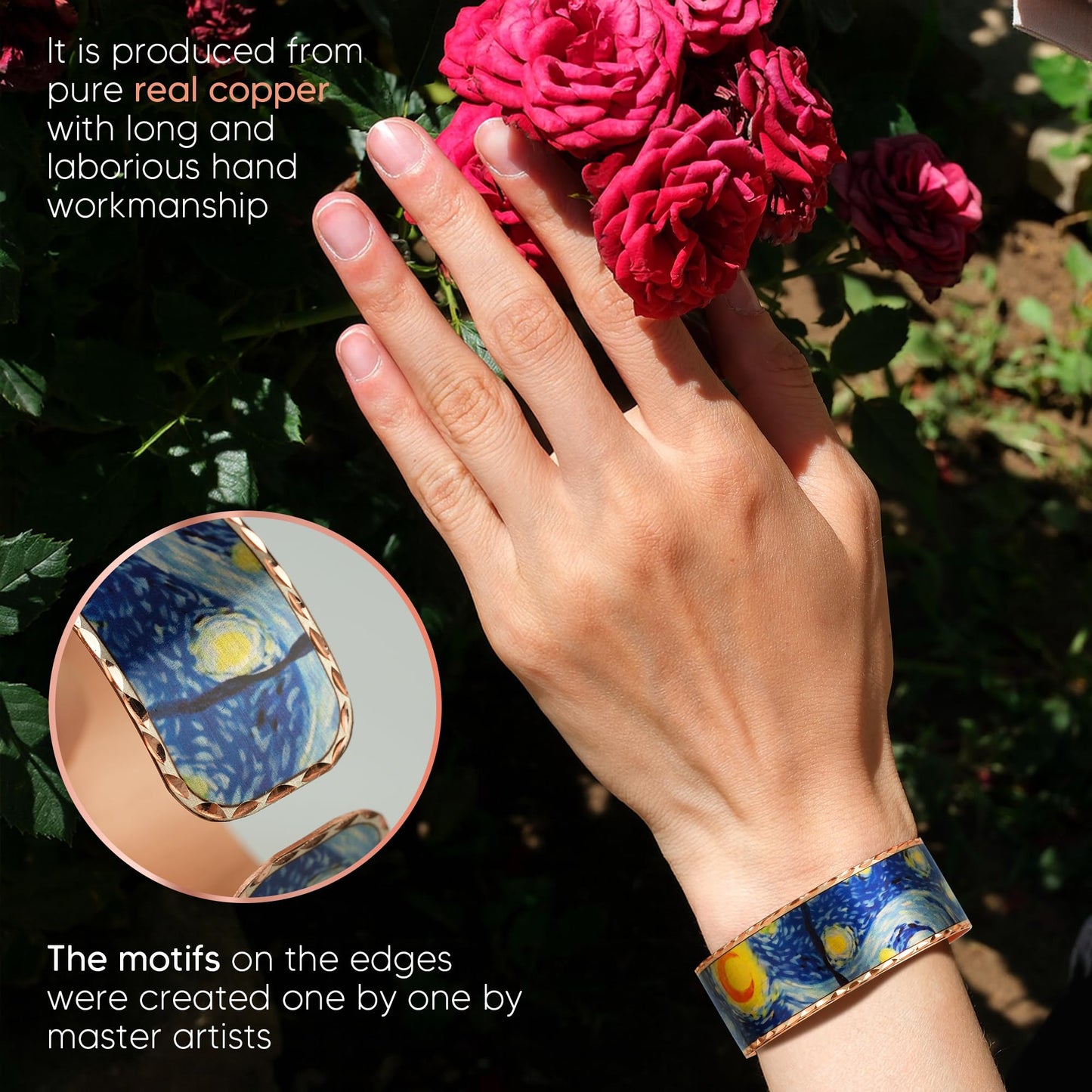 Moreni Copper Bracelet for Men & Women – Handmade Engraved Cuff Inspired by “The Starry Night” – Artistic Pure Copper Jewelry with Gift Wooden Box