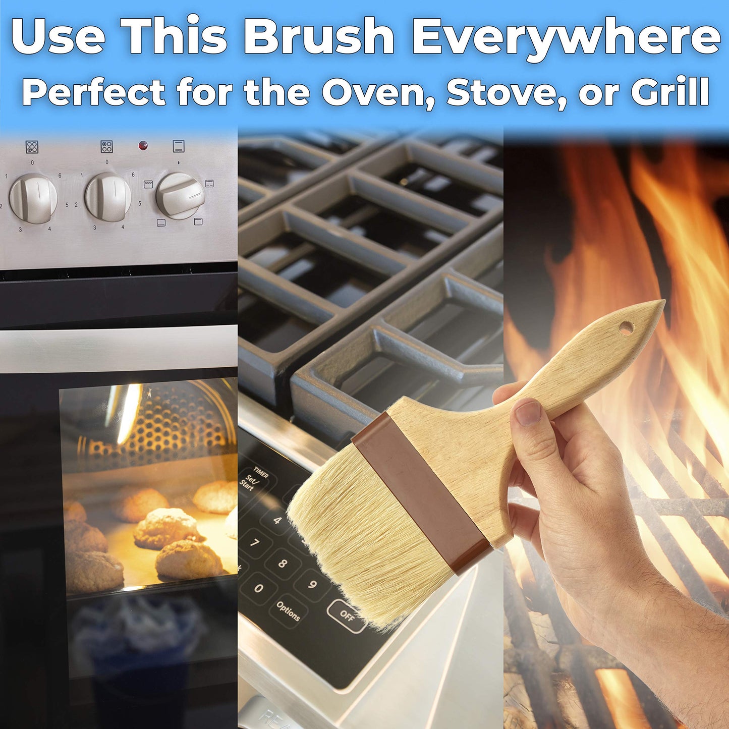 Durable, Real Wood 2 Inch Boar Bristle Pastry Brush. Grill and Kitchen Flat Brushes for Basting Meat, Spreading Butter, Eggs, BBQ Sauce or Marinades. Chef Quality Cooking, Baking or Grilling Tools