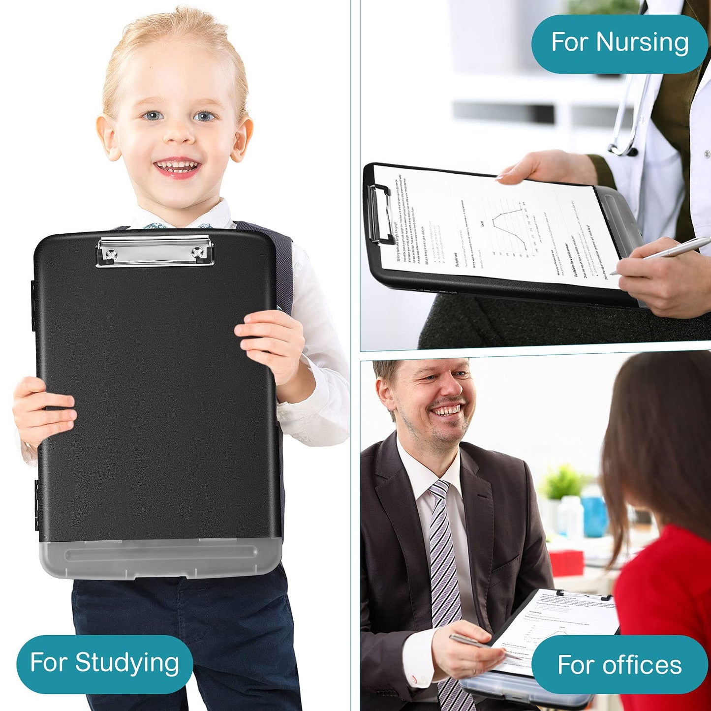 Epakh 4 Pcs Clipboard with Storage Plastic Nursing Clipboard with Pen Holder Folder Side Opening Storage with Low Profile Clip
