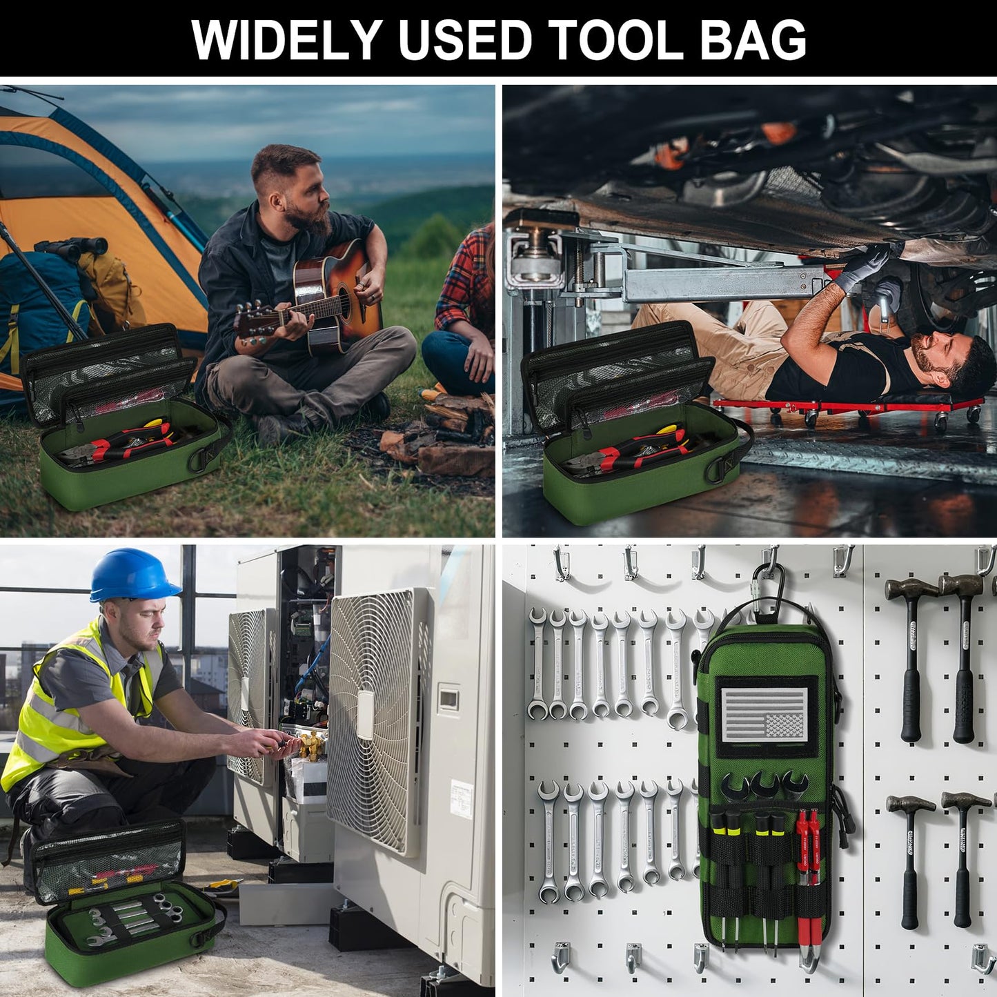 Heavy Duty Small Tool Bags for Men with Carabiner,Tactical Tool Pouch Bag,Portable Utility Tools Storage Organizer Case with Shoulder Strap for EDC,Motorcycle,Camping,Road Trip,Electricians,Green