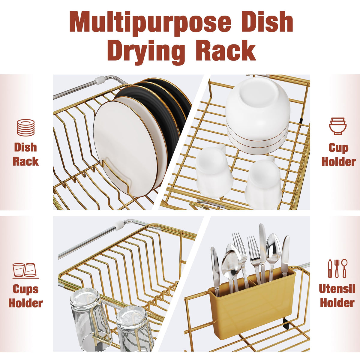 Gold Dish Drying Rack in Sink with Mat