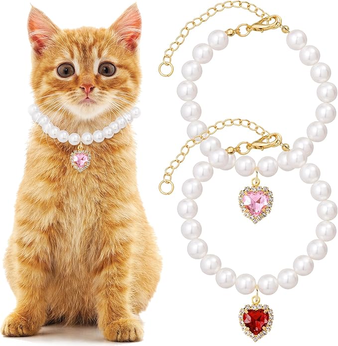 Mxxipp 2pcs Pearl Collar for Cat Puppy, Small Cute Heart Shape Rhinestone Pet Necklace, Adjustable Wedding Party Pet Jewelry Accessories for Puppy Kitten- Green & Pink