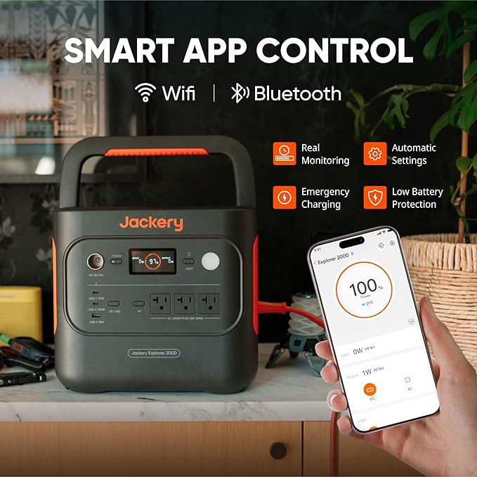 Jackery Explorer 2000 v2 Portable Power Station with 16ft DC Extension Cable, 2042Wh LiFePO4 Battery, 2200W Solar Generator, USB-C PD 100W Fast Charging for Camping, Home Use(Solar Panel Optional)