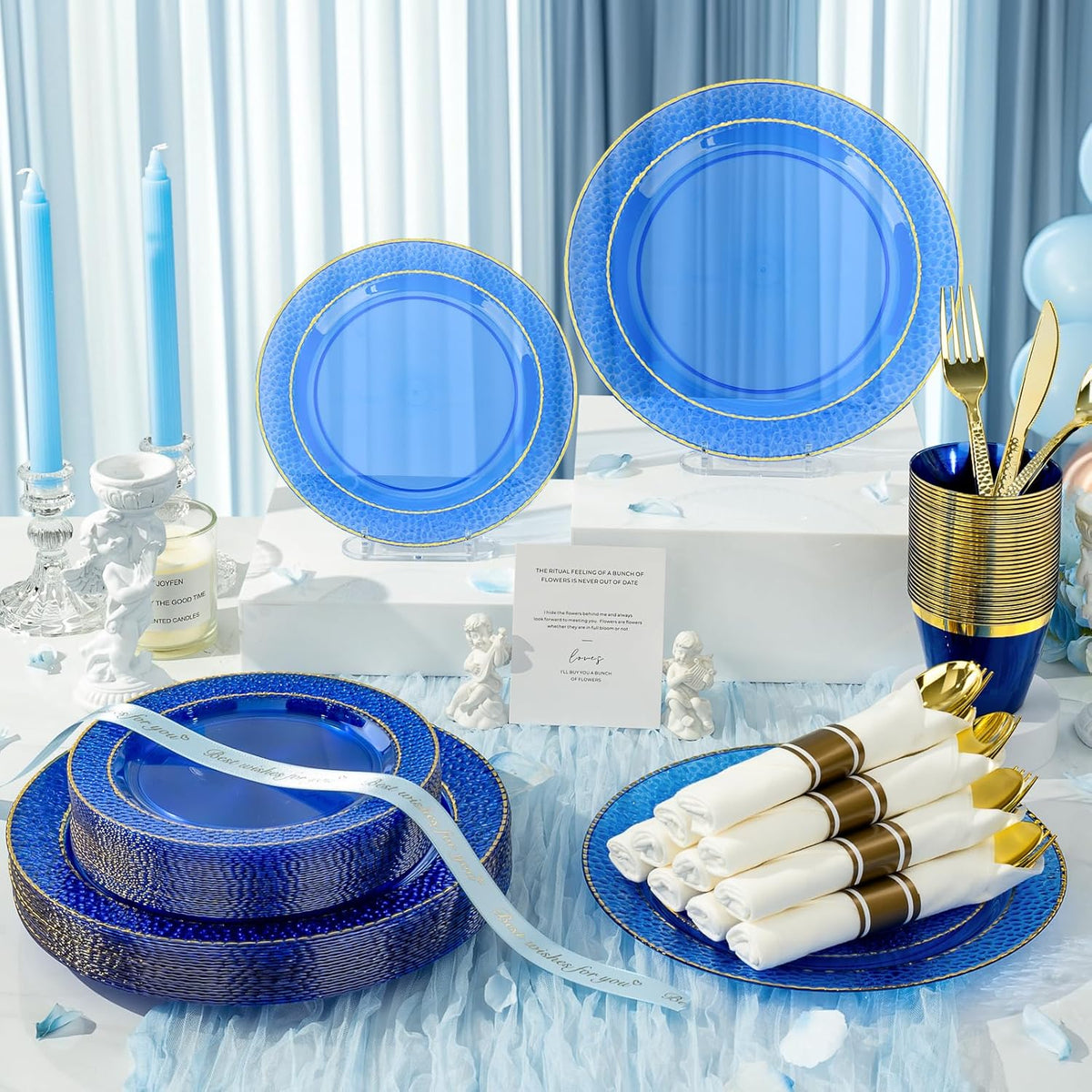 350PCS Clear Blue Plastic Plates for 50 Guests, Disposable Dinnerware Set for Party and Graduation, Includes 100 Plastic Plates, 50 Pre Rolled Napkins with Gold Silverware, 50 Cups