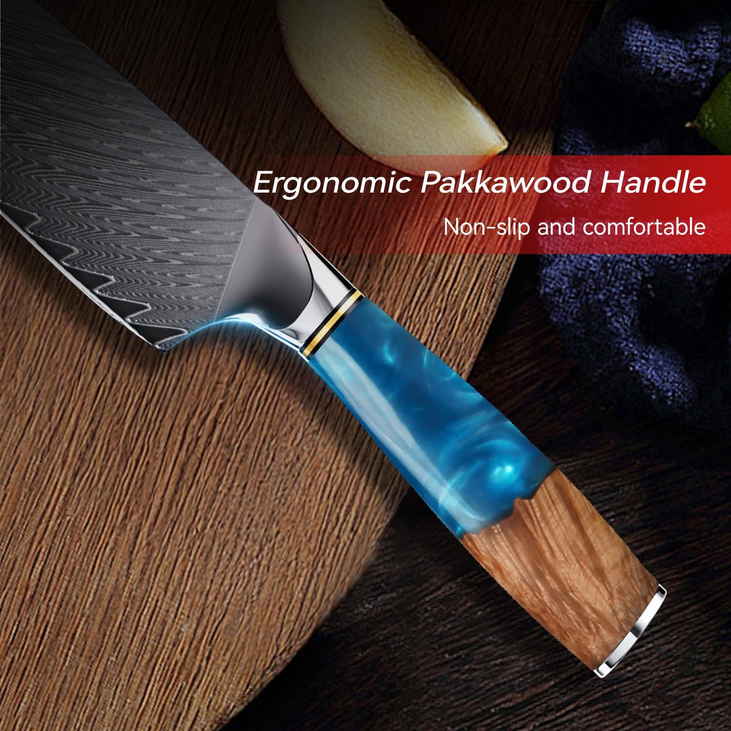 hoforife Chef's Knife, Japanese Damascus Chefs Knife 67 Layers High Carbon VG10 Steel Core with Wooden Ergonomic Handle, Gift Box (8In, Blue Resin)