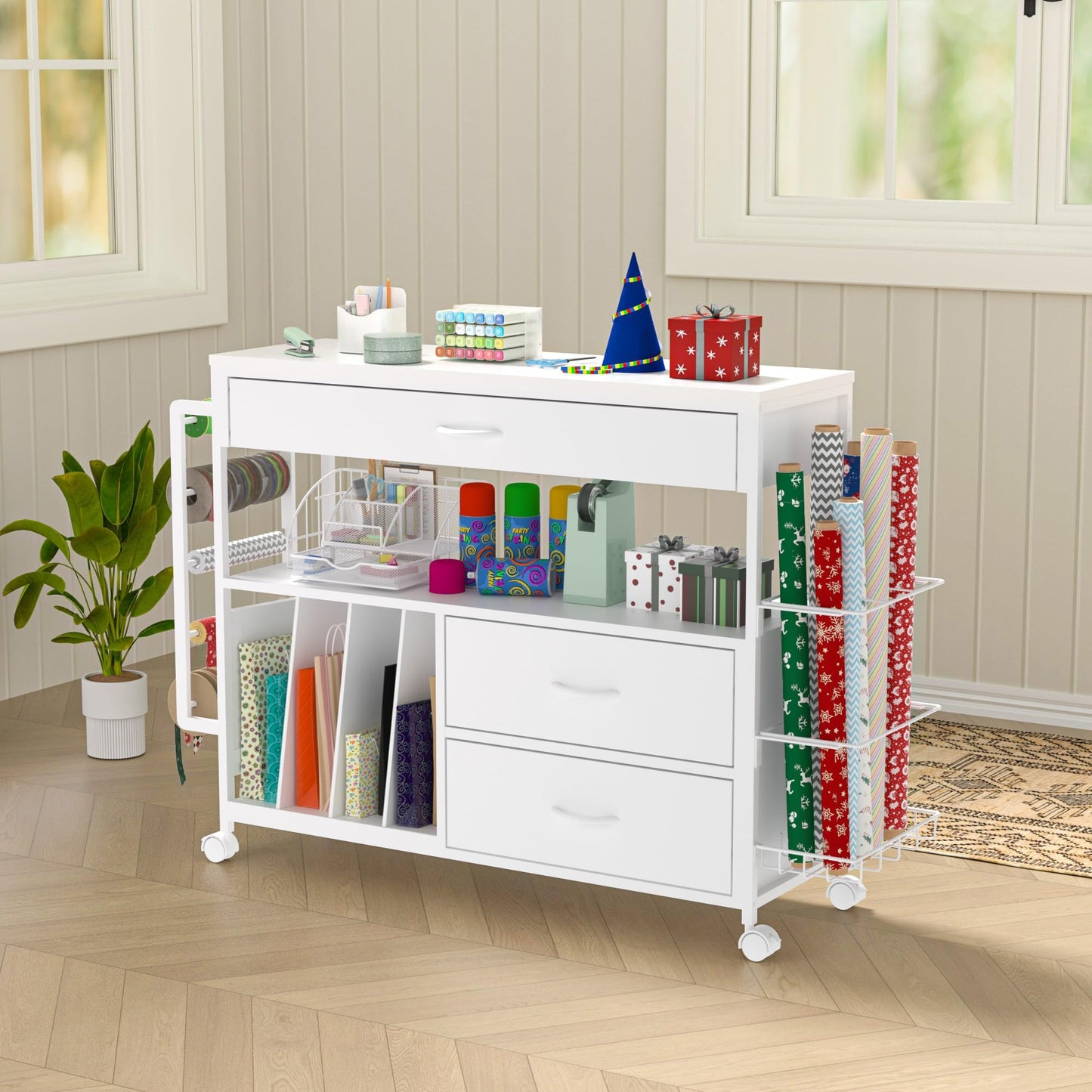 Anrigeail Wrapping Paper Storage & Organizer, Craft Cart with Ribbon & Gift Bag Storage, Wrapping Paper Organizer Holder(3 Wooden Drawers-White)