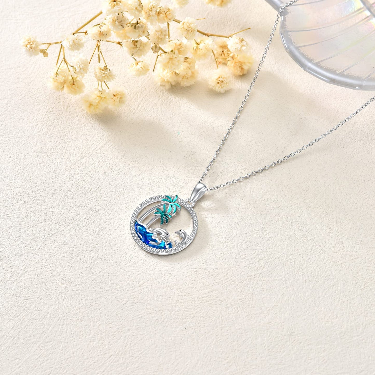 PROESS Dolphin Necklace Sterling Silver Palm Tree Pendant Necklace Ocean Wave Jewelry Gift For Women