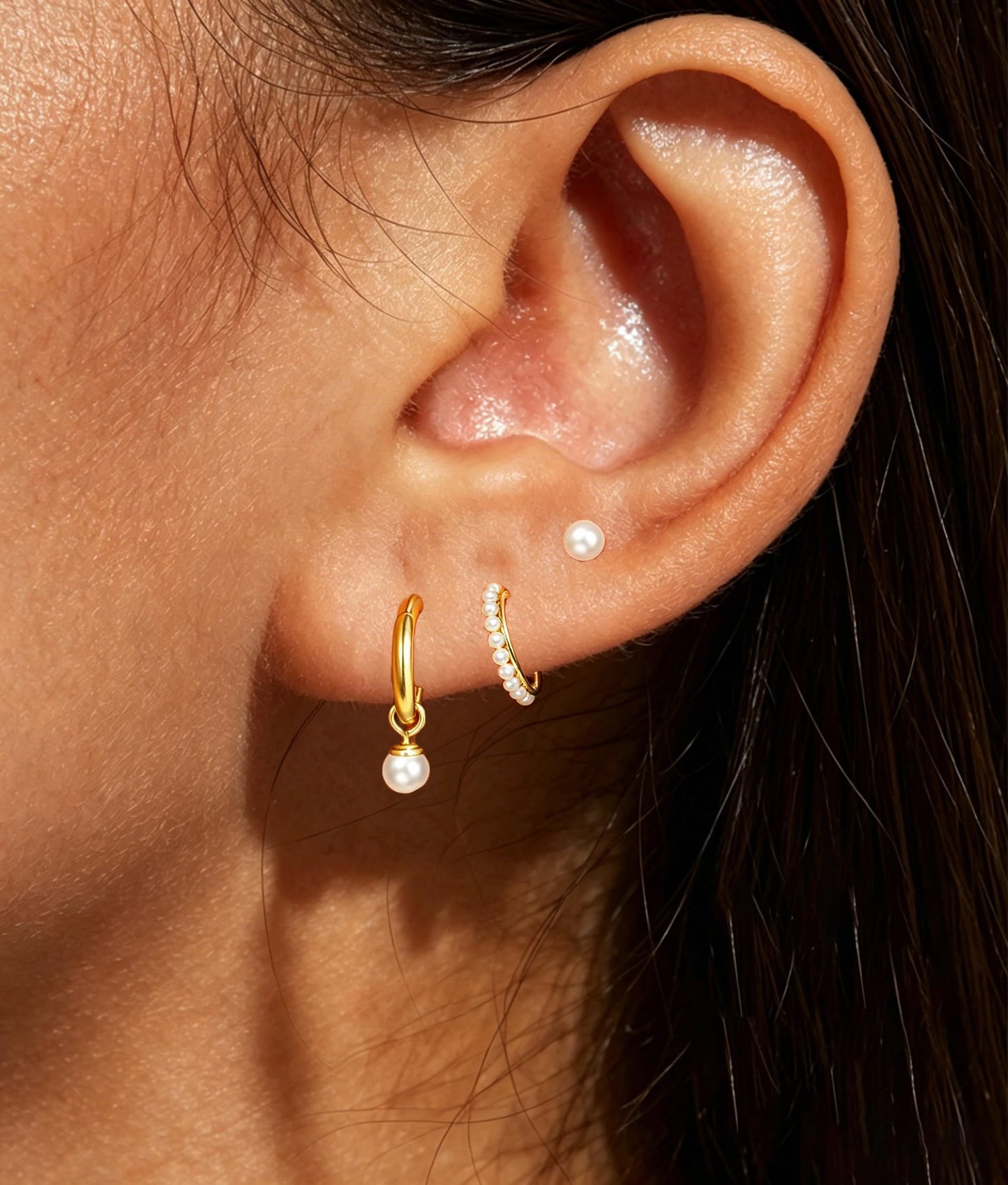 DORANA Gold Pearl Hoop Earrings for Women Non Tarnish Small Huggie Earrings 925 Hypoallergenic Cartilage Stackable Sleeper Hoops Gold Stacks Sets for Multiple Piercing,3 Pairs