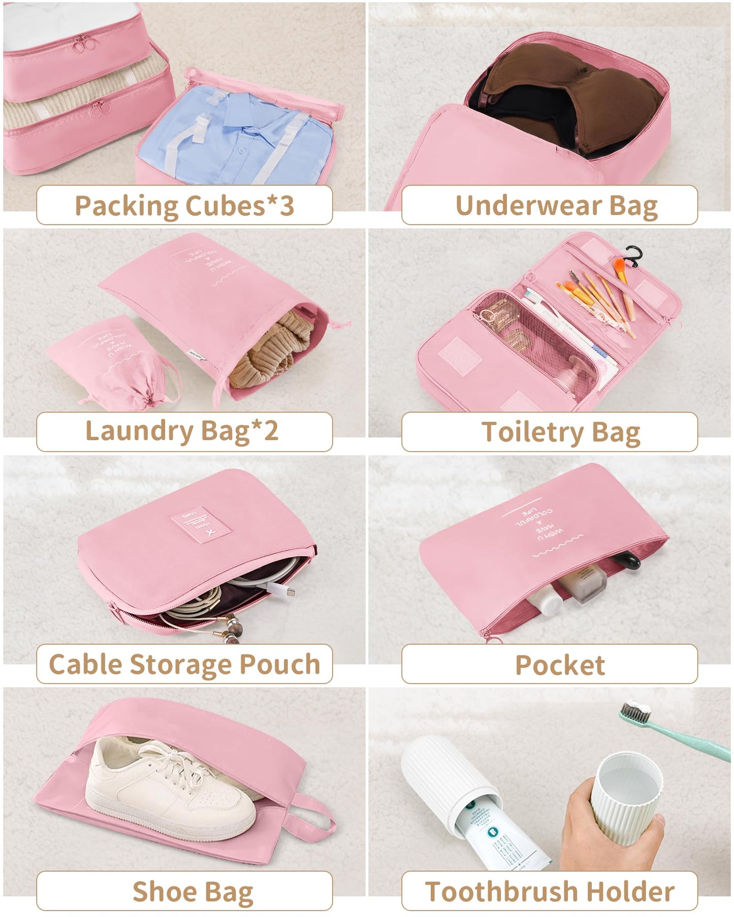 TRMFUSA Packing Cubes 11 Set, Suitcase Organizers, Luggage Organizer Bags, Packing Cubes for Travel, with Toiletry Bag, Travel Essentials,Pink