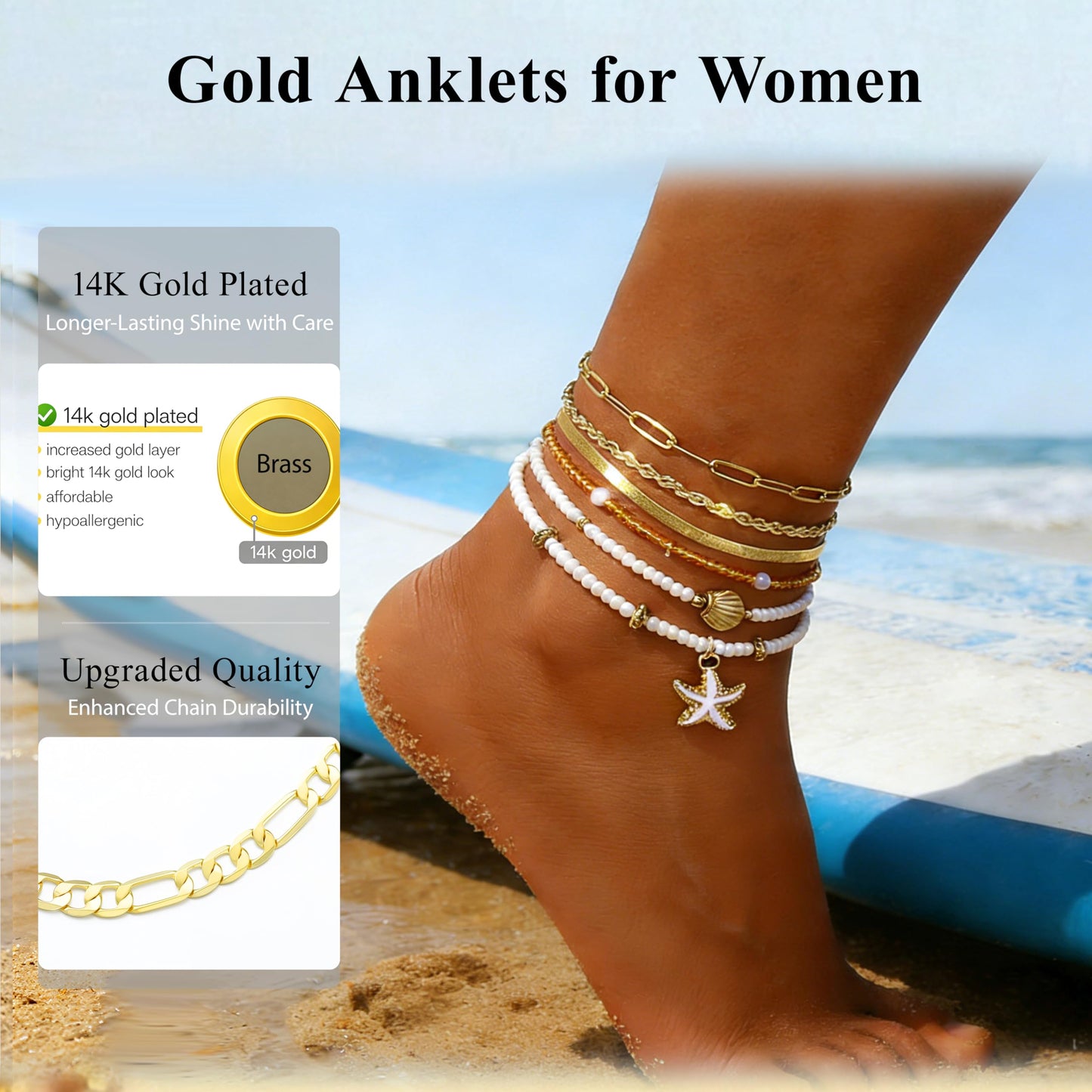 FAXHION Gold Ankle Bracelets for Women Waterproof, Starfish Bead Cuban Link Chain Adjustable Anklets Set, Hawaiian Boho Anklet Beach Waterproof Jewelry Gift for Women