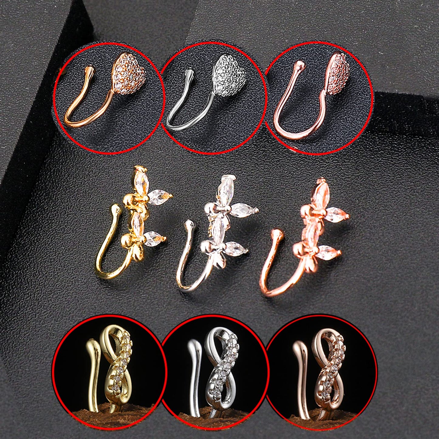VitaCool Fake Nose Rings Nose Cuffs for Non Pierced Fake Septum Nose Ring Spring Clip on Non Pierced Septum Ring for Women Men (T0-9pcs-Silver)