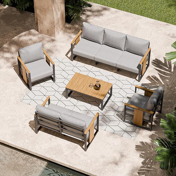 ZANDOR Aluminum Outdoor Patio Furniture Set,5-Piece Sectional Sofa with Coffee Table,Washable Thick Cushions,Modern Patio Conversation Set for Backyard,Garden,Porch,Balcony,Deck,Gray