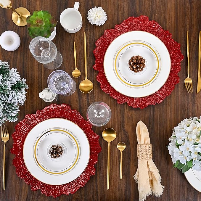 Pesonlook 50Pcs Red Charger Plates Round 13inch, Reef Plate Chargers for Dinner, Bulk Plastic Floral Table Charger Plates for Dinner Wedding Party Event Table Setting Decoration(Red)