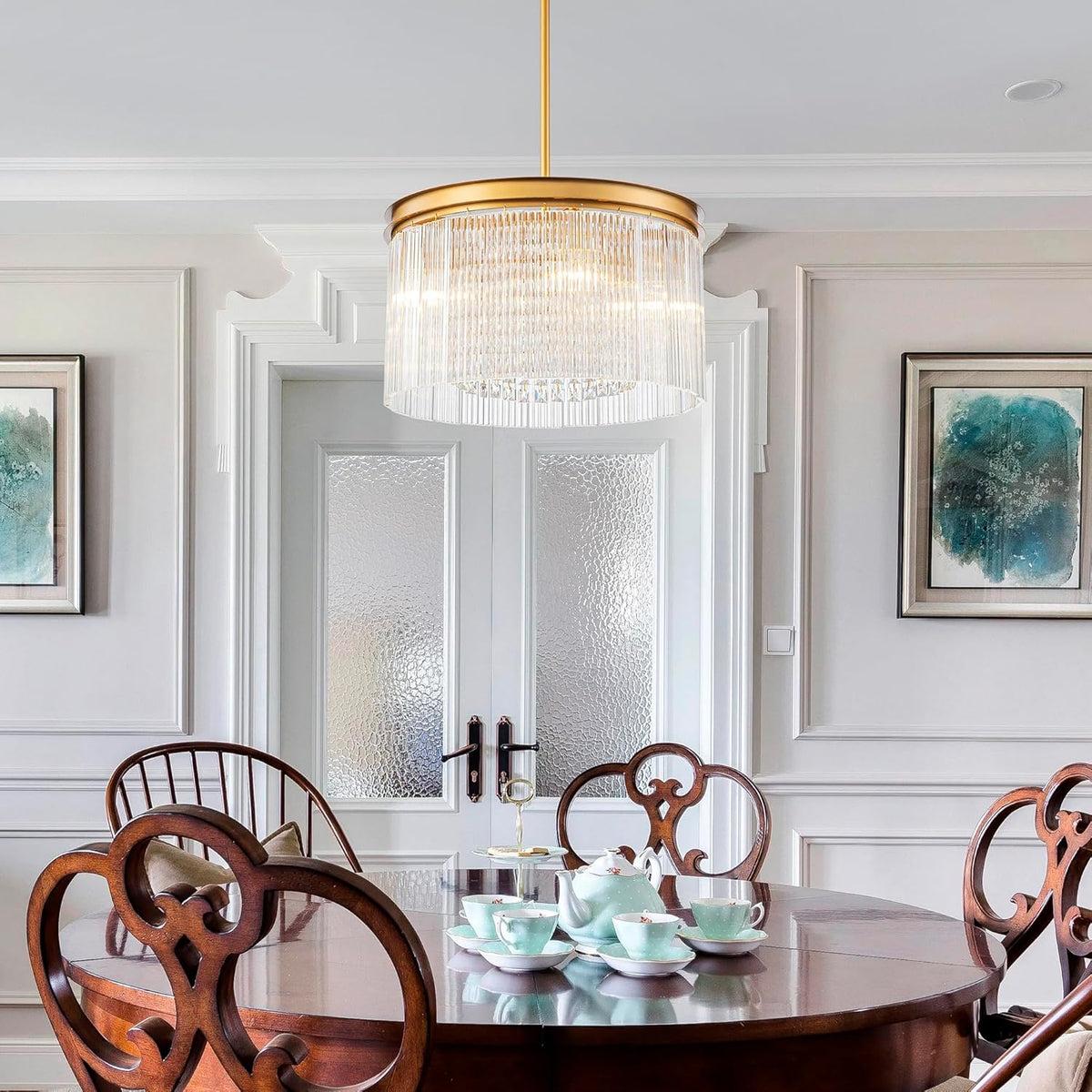 4-Lights Drum Glass Chandelier, Modern Style Light Fixture for Dining Room, Bedroom, Ripple Glass Shade & Brass Finish, D16.5 * H18~48 inch (Adjustable Height)