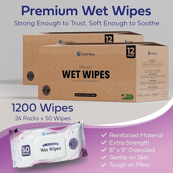 SAFEWAY USA Adult Wipes Disposable — Multi-Purpose & Alcohol-Free, Preferred by Caregivers for Seniors & Incontinence Solution, Aloe-Infused, Ideal for Sensitive Skin — Extra Large, 24 Pack 1200 pcs.