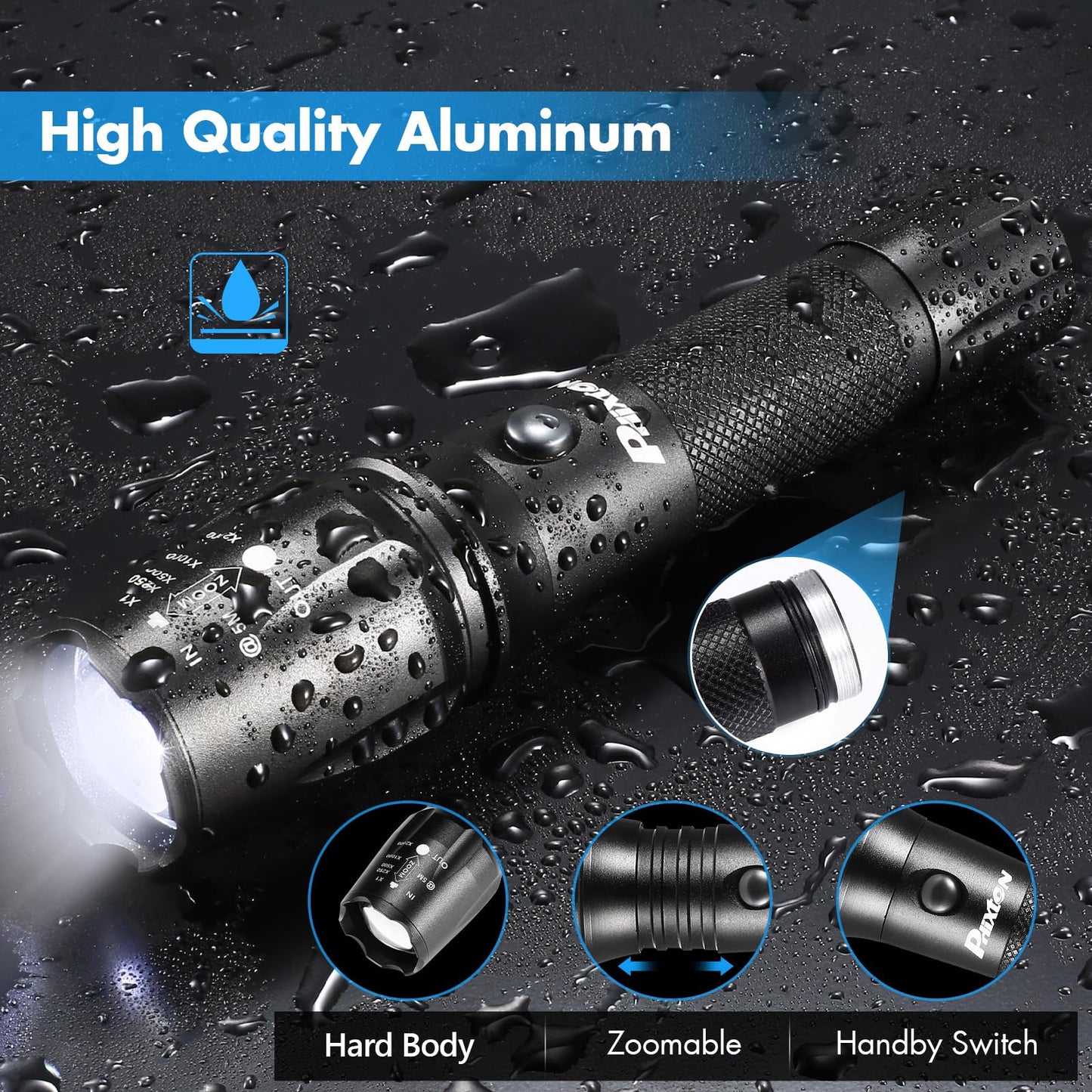 PHIXTON Rechargeable Flashlights High Lumens, USB C Chargeable LED Flashlight, Bright Strong Handheld Flash Lights, Long Lasting, Adjustable Focus, 5 Modes, for Emergencies Hiking Gift