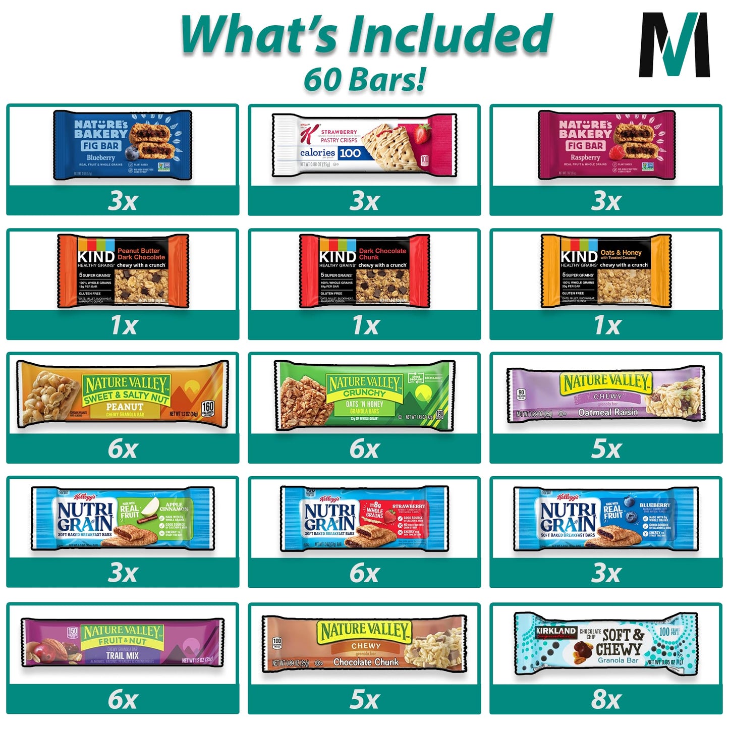 Mighty Merchandise Healthy Mixed Snack Bar Box Variety Basket | (Pack of 60) | Perfect for Men, Women, Adults, Office, School, College, Work | Gift Basket
