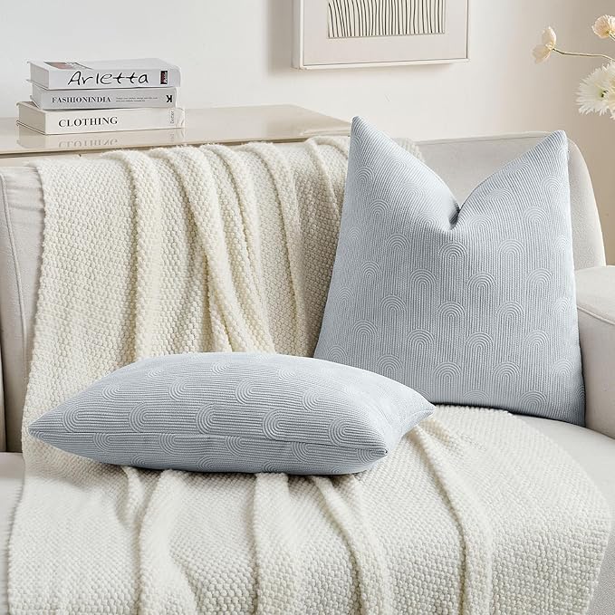 FUTEI Light Blue Chenille Decorative Throw Pillow Covers 26x26 Inch Set of 2,Soft Cozy Striped Geometric Patterns Euro Pillow Shams,Modern Home Decor for Couch Bed Living Room