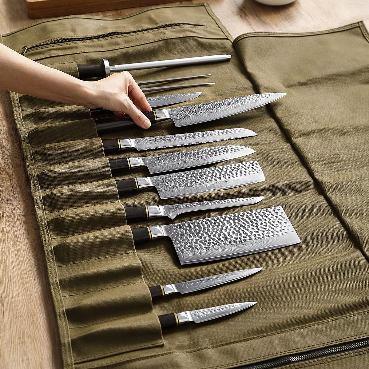 HEZHEN Chef Knife Roll Bag 16oz Oil Waxed Canvas, Heavy Duty Portable Backpack Knife Case Storage, 12 Slots & 2 Zipper Pockets, Detachable Adjustable Leather Shoulder Strap Belt(Not Included Knives)