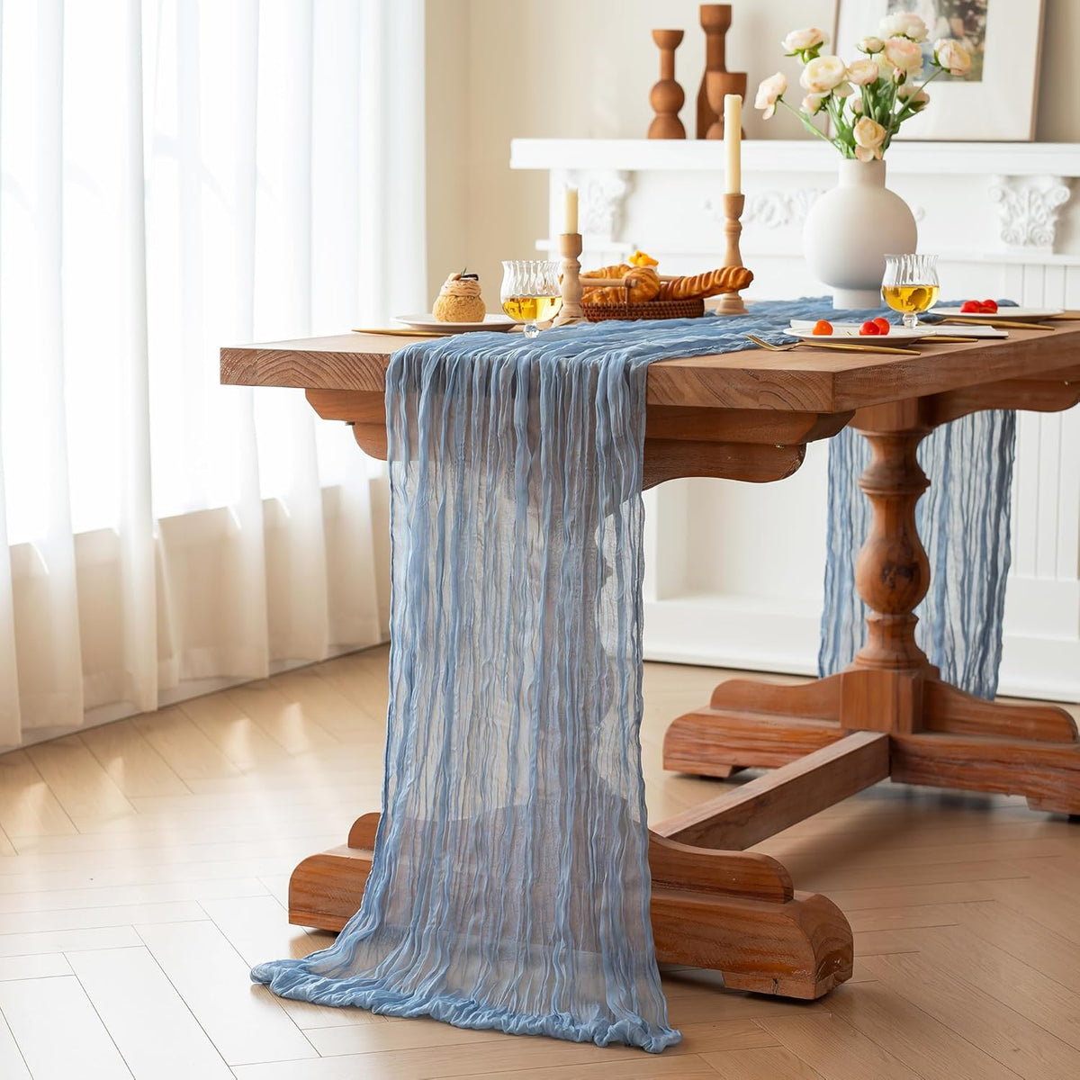 FEXIA Dusty Blue Cheesecloth Table Runner Boy Baby Shower Wedding Decorations Spring Gauze Table Runner for Bridal Shower Party Winter Wonderland Decoration 35x120 Inches
