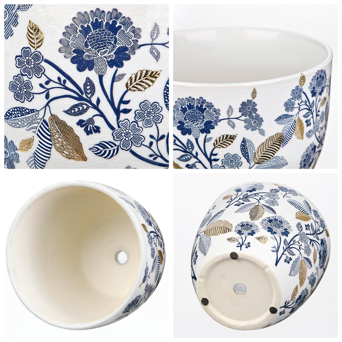 Decorative Flower Pots Blue and White Plant Pot Gold Accent Ceramic Planters for Indoor Plants Pots with Drainage Retro Planter Pot for Succulents Cactus Herb Snake Plants Outdoor Garden, 7.6/5.5 Inch