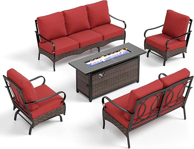 PHI VILLA Patio Furniture Set with 56" Fire Pit Table, Premium Outdoor Wicker Metal Frame Furniture with Upgraded Waterproof Thick Cushions for Porch, Poolside, Deck, and Yard