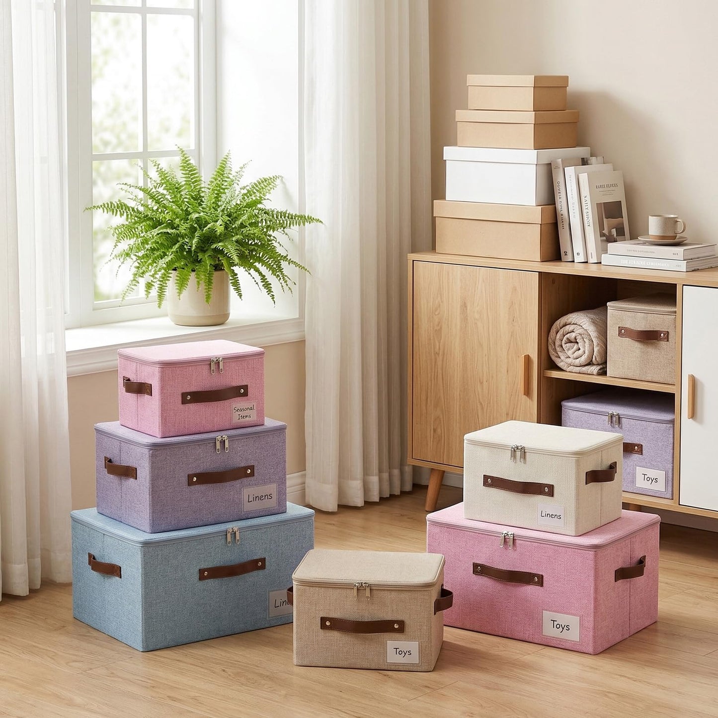 ANMINY Storage Bins with Zipper Lid Storage Boxes with Label Holder PU Leather Handles Washable Foldable Decorative Lidded Cotton Linen Fabric Cubes Baskets Closet Organizer - Beige, Large
