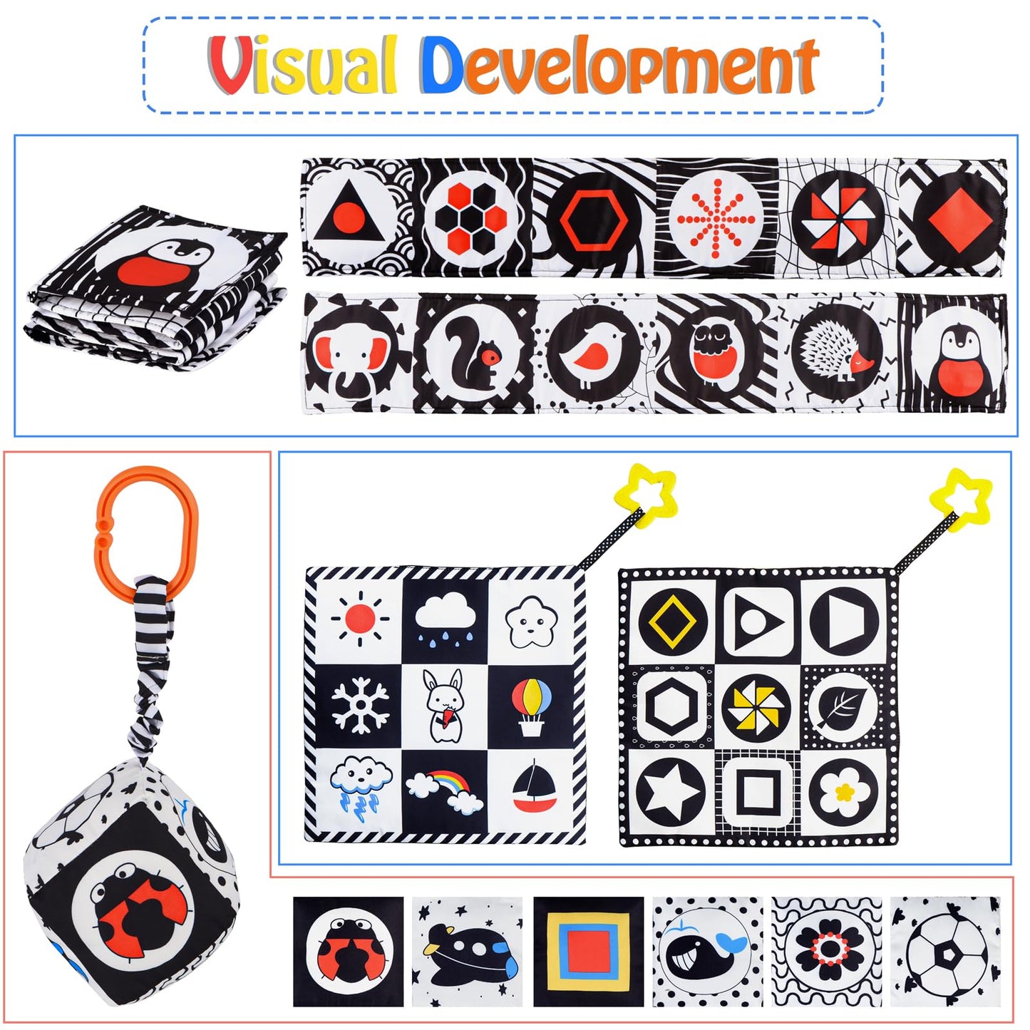 SAMMAS 3 Pcs Black and White High Contrast Baby Toys 0-6 Months for Newborn, Babies Sensory Soft Book for Early Education, Infant Tummy Time Cloth Book, Montessori Toys for Babies